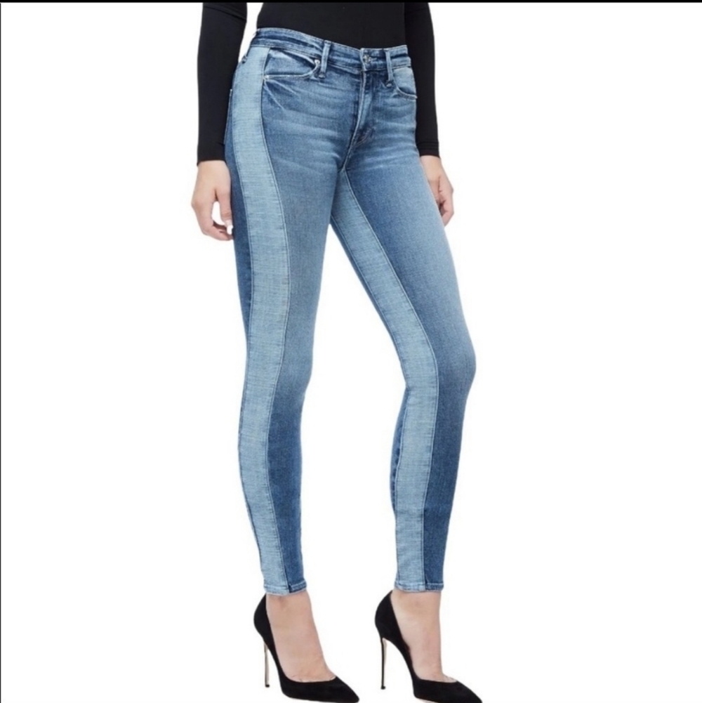 GOOD AMERICAN GOOD WAIST Two Tone Blue High Waist Skinny Jeans Size 6/28 Pockets